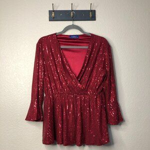 Oasma Red Sequin V-neck Wrap Style Top Women's XL Peplum Sleeves Holiday Top EUC